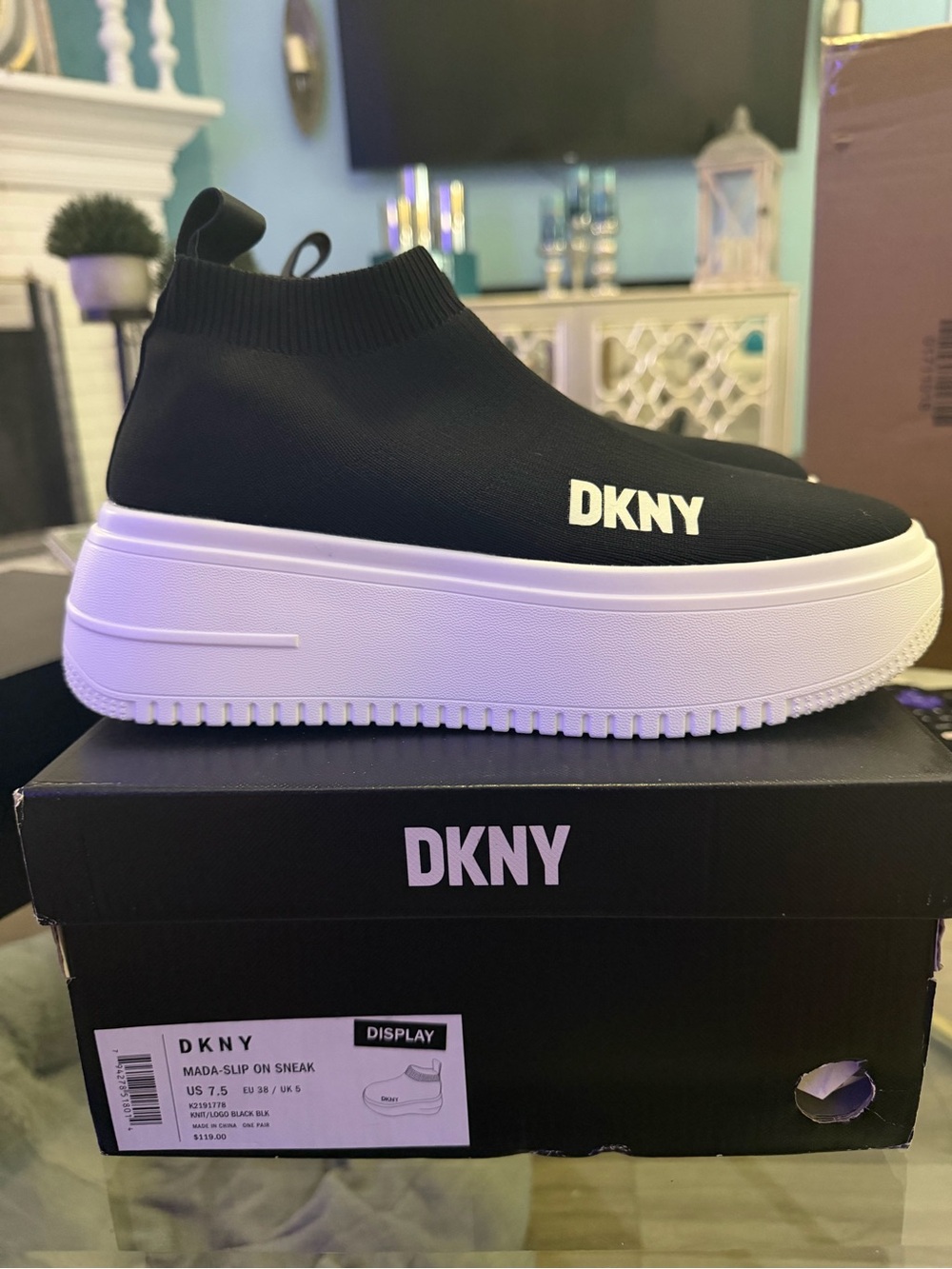 DKNY Black Knit Platform Slip-On Trainer with White Sole